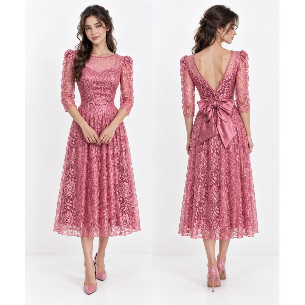 80s Floral Lace Dress Size 5/6 Pink Back Bow Prom Formal